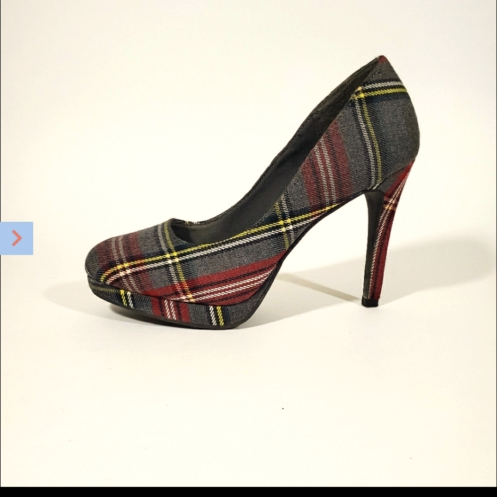 Fioni Grey and Red Plaid Fabric Stiletto H…